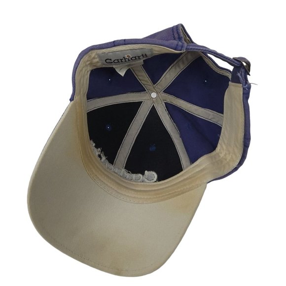 Carhartt Distressed Cap Blue Tuck Strap Slide Trucker Hat Embroidered Cotton - Picture 4 of 8